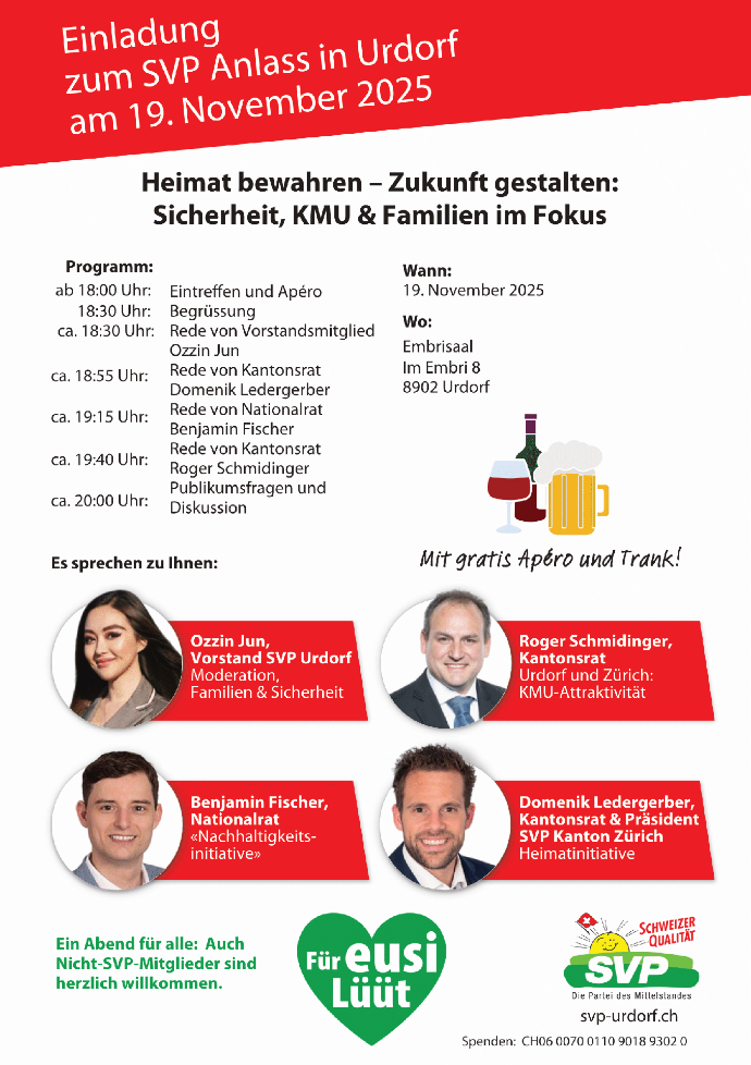 Anlass SVP Urdorf, Event Urdorf, Event SVP Urdorf, Heimatinitiative, Nachhaltigkeitsinitiative, Ozzin Jun Urdorf Events, Benjamin Fischer, Domenik Ledergerber, Roger Schmidinger, Urdorf